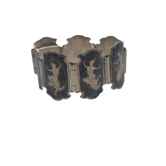 Siam Sterling Silver Bracelet 925 Niello Hindu Goddess Enamel Hinged Panel SZ 7 - Picture 8 of 16